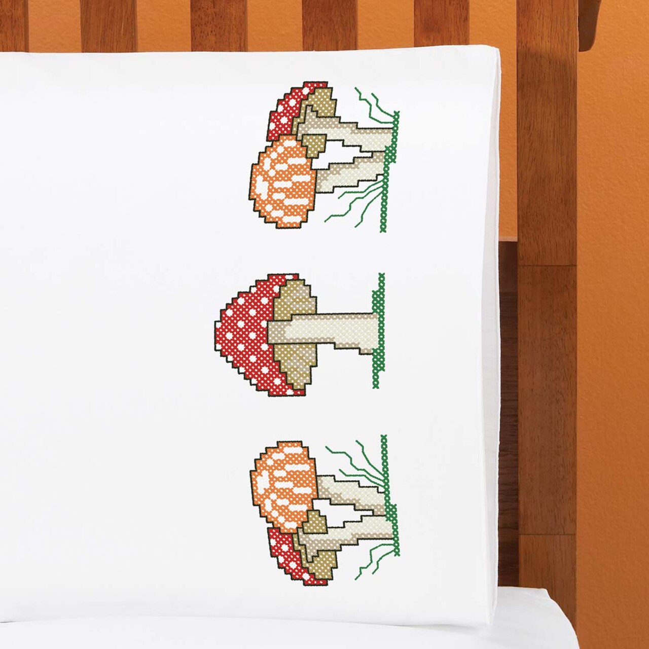 Herrschners Mushroom Madness Pillowcase Pair Stamped Cross-Stitch